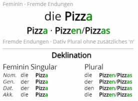 Deklination des Substantivs Pizza
